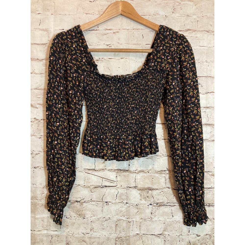 BP. Crop Top Womens Small Black Micro Florals Smocked Boho Puff Sleeve Hippie
